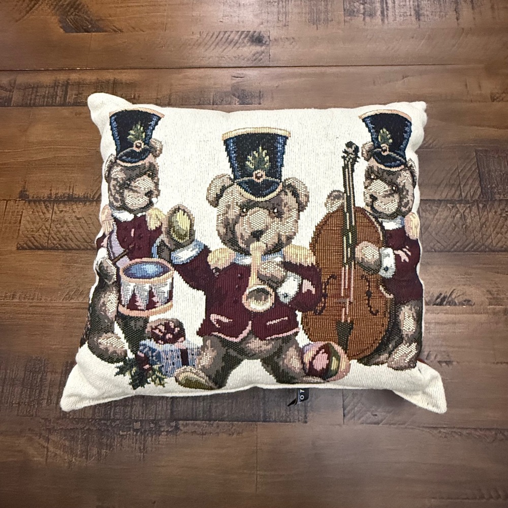 Vintage Christmas Tapestry Pillow Holiday Decor Band Bears Accent Throw